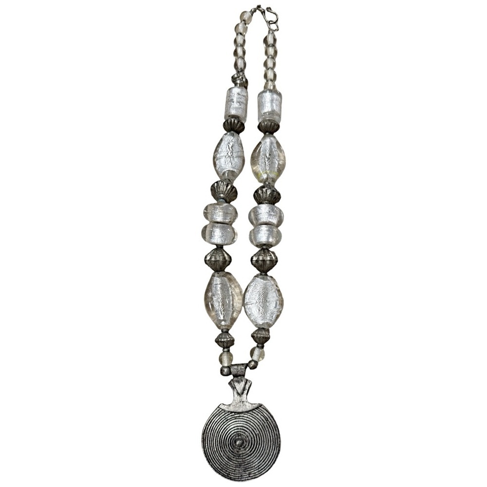 Vintage Hippy Silver Glass Beaded Statement Pendant Necklace - Silver
